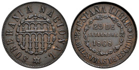 Provisional Government (1868-1871). 25 milesimas de escudo. 1868. Segovia. (Cal-10). Ae. 6,03 g. Scarce. Choice VF. Est...300,00. 

Spanish descript...