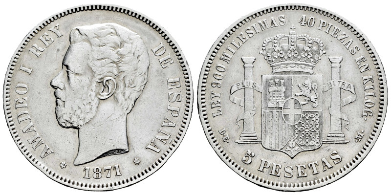 Amadeo I (1871-1873). 5 pesetas. 1871*18-73. Madrid. DEM. (Cal-3). Ag. 24,66 g. ...