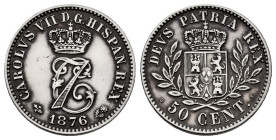 Carlos VII (1872-1876). 50 centimos. 1876. Brussels. OT. (Cal-9). Ag. 2,51 g. Slightly cleaned. Rare. XF. Est...350,00. 

Spanish description: Cente...