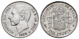 Alfonso XII (1874-1885). 1 peseta. 1883*18-83. Madrid. MSM. (Cal-21). Ag. 4,98 g. Delicate cleaning. Almost XF. Est...150,00. 

Spanish description:...