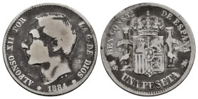 Alfonso XII (1874-1885). 1 peseta. 1884*_ _-_ _. Madrid. MSM. (Cal-23). Ag. 4,72 g. Rare. Almost F. Est...100,00. 

Spanish description: Centenario ...