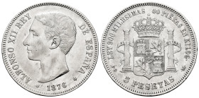 Alfonso XII (1874-1885). 5 pesetas. 1876*_ _-76. Madrid. DEM. (Cal-37). Ag. 24,95 g. Minor marks. VF. Est...50,00. 

Spanish description: Centenario...