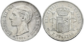 Alfonso XII (1874-1885). 5 pesetas. 1881*18-81. Madrid. MSM. (Cal-44). Ag. 24,85 g. Minor nicks on edge. Scarce. Choice VF. Est...40,00. 

Spanish d...