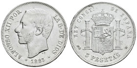 Alfonso XII (1874-1885). 5 pesetas. 1883*18-_ _. Madrid. MSM. (Cal-55). Ag. 24,46 g. Minor nicks. VF. Est...35,00. 

Spanish description: Centenario...