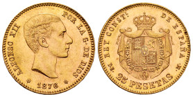 Alfonso XII (1874-1885). 25 pesetas. 1876*18-76. Madrid. DEM. (Cal-67). Au. 8,05 g. With some original luster remaining. AU. Est...450,00. 

Spanish...