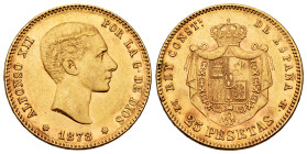 Alfonso XII (1874-1885). 25 pesetas. 1878*18-78. Madrid. DEM. (Cal-70). Au. 805,00 g. Hairlines. Minor nick on edge. Second star, weakly struck. Almos...