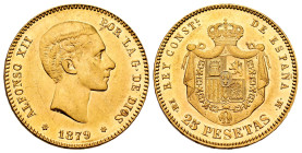 Alfonso XII (1874-1885). 25 pesetas. 1879*18-79. Madrid. EMM. (Cal-74). Au. 8,07 g. With some original luster remaining. XF. Est...450,00. 

Spanish...