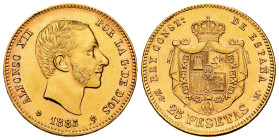 Alfonso XII (1874-1885). 25 pesetas. 1885*18-85. Madrid. MSM. (Cal-90). Au. 8,07 g. Minor nick on edge. Faint scratches. With some original luster rem...