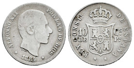 Alfonso XII (1874-1885). 10 centavos. 1884. Manila. (Cal-100). Ag. 2,53 g. Rare. F/Choice F. Est...200,00. 

Spanish description: Centenario de la P...