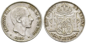 Alfonso XII (1874-1885). 50 centavos. 1880. Manila. (Cal-112). Ag. 12,90 g. Very scarce. VF. Est...200,00. 

Spanish description: Centenario de la P...