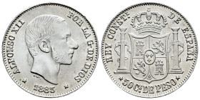 Alfonso XII (1874-1885). 50 centavos. 1885. Manila. (Cal-124). Ag. 12,95 g. Original luster. Almost MS. Est...100,00. 

Spanish description: Centena...