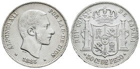 Alfonso XII (1874-1885). 50 centavos. 1885. Manila. (Cal-124). Ag. 13,04 g. Choice VF. Est...50,00. 

Spanish description: Centenario de la Peseta (...
