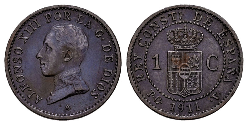 Alfonso XIII (1886-1931). 1 centimo. 1911 *1. Madrid. PCV. (Cal-3). Ae. 1,04 g. ...