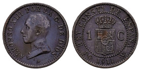 Alfonso XIII (1886-1931). 1 centimo. 1911 *1. Madrid. PCV. (Cal-3). Ae. 1,04 g. Scratch on obverse. Almost XF. Est...50,00. 

Spanish description: C...