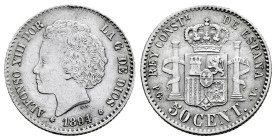 Alfonso XIII (1886-1931). 50 centimos. 1894*9-4. Madrid. PGV. (Cal-43). Ag. 2,50 g. Minor nick on edge. Almost XF. Est...45,00. 

Spanish descriptio...