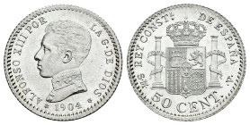 Alfonso XIII (1886-1931). 50 centimos. 1904*0-4. Madrid. SMV. (Cal-46). Ag. 2,30 g. Original luster. Mint state. Est...25,00. 

Spanish description:...
