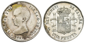 Alfonso XIII (1886-1931). 1 peseta. 1891*18-91. Madrid. PGM. (Cal-53). Ag. 4,97 g. Lightly toned. Lightly rubbed. Almost XF. Est...150,00. 

Spanish...