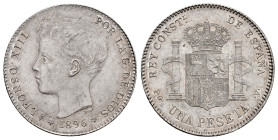 Alfonso XIII (1886-1931). 1 peseta. 1896*18-96. Madrid. PGV. (Cal-56). Ag. 4,97 g. Hairlines on obverse. Original luster. AU. Est...100,00. 

Spanis...