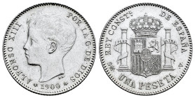 Alfonso XIII (1886-1931). 1 peseta. 1900*19-00. Madrid. SMV. (Cal-59). Ag. 4,95 g. Cleaned. Almost XF. Est...60,00. 

Spanish description: Centenari...