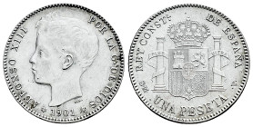 Alfonso XIII (1886-1931). 1 peseta. 1901*19-01. Madrid. SMV. (Cal-60). Ag. 5,00 g. Almost XF. Est...35,00. 

Spanish description: Centenario de la P...