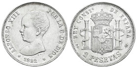 Alfonso XIII (1886-1931). 2 pesetas. 1892*18-92. Madrid. PGM. (Cal-85). Ag. 9,96 g. Cleaned. Choice VF. Est...35,00. 

Spanish description: Centenar...