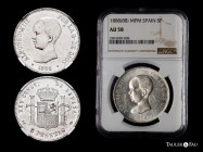 Alfonso XIII (1886-1931). 5 pesetas. 1888*18-88. Madrid. MPM. (Cal-92). Ag. Slabbed by NGC as AU 58. NGC-AU. Est...300,00. 

Spanish description: Ce...