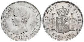 Alfonso XIII (1886-1931). 5 pesetas. 1888 *18-88. Madrid. MPM. (Cal-92). Ag. 24,97 g. Delicate patina. Lightly rubbed. With some original luster remai...