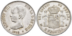 Alfonso XIII (1886-1931). 5 pesetas. 1888*18-88. Madrid. MPM. (Cal-92). Ag. 25,00 g. Lightly toned. With some original luster remaining. Minor nicks o...