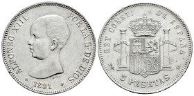 Alfonso XIII (1886-1931). 5 pesetas. 1891*18-91. Madrid. PGM. (Cal-98). Ag. 25,18 g. Slightly cleaned. Almost XF. Est...120,00. 

Spanish descriptio...