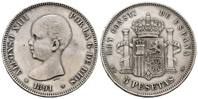 Alfonso XIII (1886-1931). 5 pesetas. 1891*18-91. Madrid. PGM. (Cal-98). Ag. 24,78 g. Minor marks. Choice VF. Est...48,00. 

Spanish description: Cen...