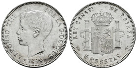 Alfonso XIII (1886-1931). 5 pesetas. 1898*18-98. Madrid. SGV. (Cal-109). Ag. 25,04 g. Faint scratches. Original luster. AU. Est...70,00. 

Spanish d...