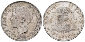 Alfonso XIII (1886-1931). 5 pesetas. 1898*18-98. Madrid. SGV. (Cal-109). Ag. 24,97 g. Minor marks. Toned. Original luster. XF/AU. Est...100,00. 

Sp...