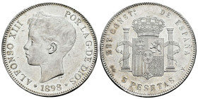 Alfonso XIII (1886-1931). 5 pesetas. 1898*18-98. Madrid. SGV. (Cal-109). Ag. 25,23 g. Hairlines. Original luster. XF/AU. Est...50,00. 

Spanish desc...