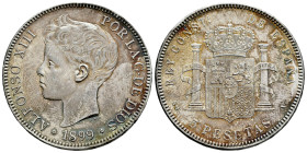 Alfonso XIII (1886-1931). 5 pesetas. 1899*18-99. Madrid. SGV. (Cal-110). Ag. 24,76 g. Faint scratches. Patina. AU. Est...100,00. 

Spanish descripti...