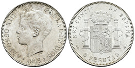 Alfonso XIII (1886-1931). 5 pesetas. 1899*18-99. Madrid. SGV. (Cal-110). Ag. 24,95 g. Minor marks. Original luster. AU/Almost MS. Est...100,00. 

Sp...