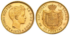 Alfonso XIII (1886-1931). 20 pesetas. 1899*18-99. Madrid. SMV. (Cal-116). Au. 6,42 g. Minor marks on obverse. Original luster. AU/Almost MS. Est...450...