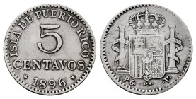 Alfonso XIII (1886-1931). 5 centavos. 1896. Puerto Rico. PGV. (Cal-124). Ag. 1,26 g. Light wavy flan. VF/Almost VF. Est...60,00. 

Spanish descripti...