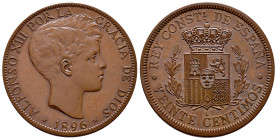 Alfonso XIII (1886-1931). 20 cents. 1896. London. L. (Cal-130). Ae. 19,01 g. Copper trial Reginald Huth. Mintage 100. With some original luster remain...