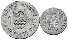 Civil War (1936-1939). Complete set of 2 coins, 1 peseta y 50 centimos. Arenys de Mar. (Cal-6,7). Minor rust. Scarce. XF. Est...250,00. 

Spanish de...