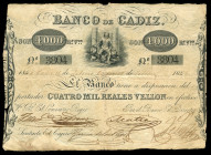 4.000 reales de vellon. 1846. Banco de Cádiz. (Ed 2017-75). July 25, I issue. Date by hand, four signatures and dry stamp. Folds and small tears. Rare...