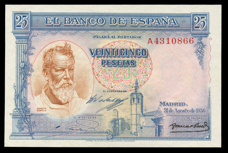 25 pesetas. 1936. Madrid. (Ed-367a). August 31, Joaquin Sorolla. Serie A. Mint s...