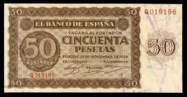 50 pesetas. 1936. Burgos. (Ed 2017-420a). 21 November by Giesecke and Devrient. Serie Q. Bend. Choice VF. Est...70,00. 

Spanish description: 50 pes...