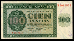 100 pesetas. 1936. Burgos. (Ed 2017-421a). November 21, Burgos Cathedral. Serie X. Central bend. Choice VF. Est...60,00. 

Spanish description: 100 ...