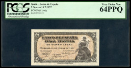 5 pesetas. 1937. Burgos. (Ed 2017-424a). Ag. July 18, Trade Allegory. Serie C. Slabbed by PCGS by 64PPQ Very Choice New. Est...150,00. 

Spanish des...