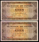 100 pesetas. 1938. Burgos. (Ed 2017-432a). May 20, Casa del Cordón. Serie H. Correlative pair. Central bend. Choice VF. Est...50,00. 

Spanish descr...
