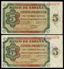 5 pesetas. 1938. Burgos. (Ed 2017-435a). August 10, by Giesecke and Devrient. Serie C. Correlative pair. Bends. Folded corner. XF. Est...150,00. 

S...