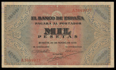 1000 pesetas. 1938. Burgos. (Ed-434). May 20, chart "Defense of the pulpit of St. Augustine". Serie A. Central bend. Folded corners. Scarce. VF. Est.....