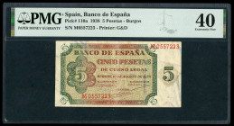 5 pesetas. 1938. Burgos. (Ed-435b). August 10, by Giesecke and Devrient. Serie M. Rare. Slabbed by PMG as 65 EPQ (Gem Uncirculated). Est...80,00. 

...