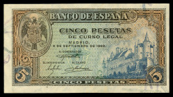 5 pesetas. 1940. Madrid. (Ed-443a). September 4, Alcazar of Segovia. Serie L. Wrinkles. AU. Est...80,00. 

Spanish description: 5 pesetas. 1940. Mad...