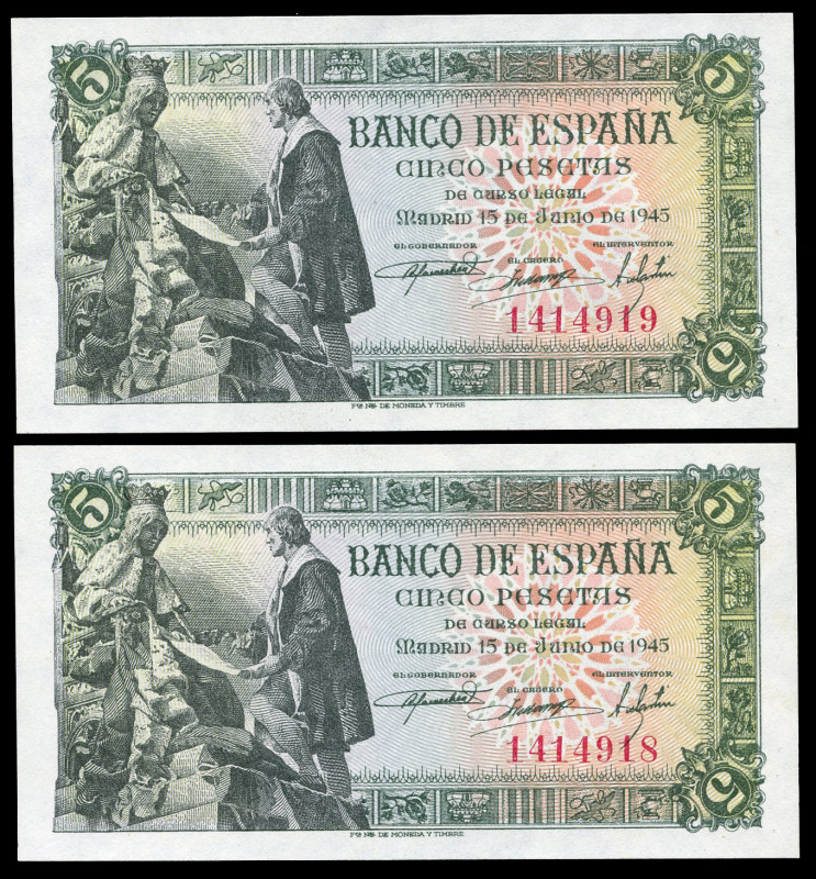 5 pesetas. 1945. Madrid. (Ed 2017-449). June 15, Capitulations of Santa Fe. With...